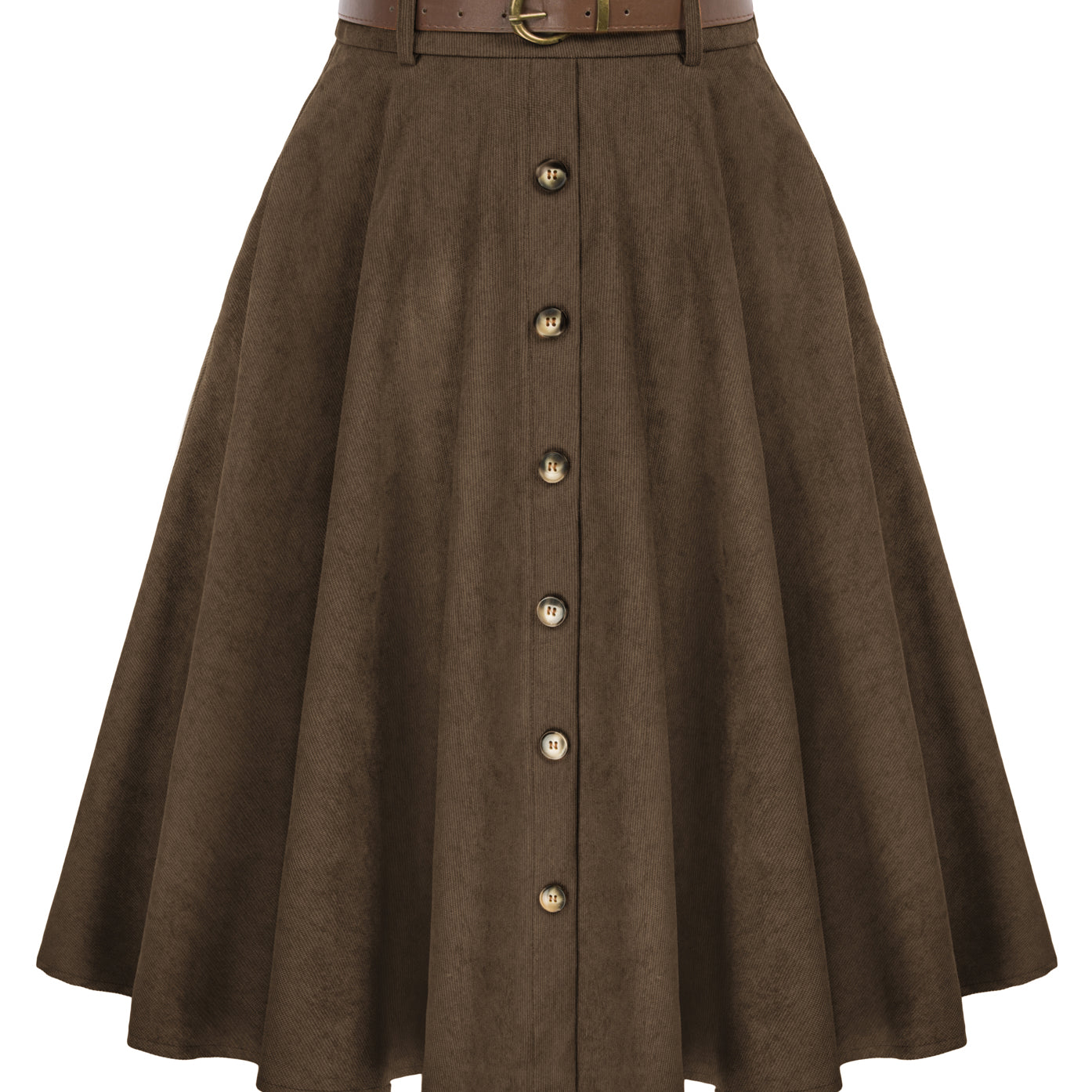 belle poque Corduroy Skirt with Belt Elastic High Waist Mid-Calf Swing Skirt Coffee
