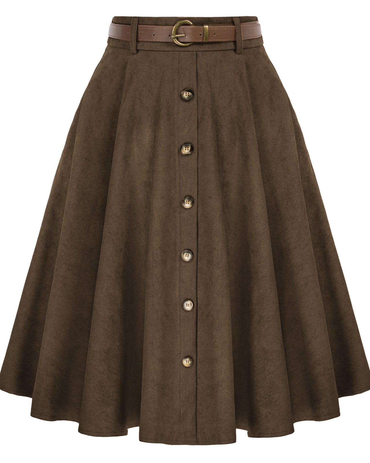 belle poque Corduroy Skirt with Belt Elastic High Waist Mid-Calf Swing Skirt Coffee
