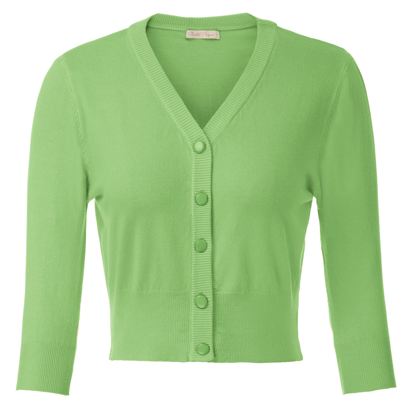 belle poque Cropped Cardigan 3/4 Sleeve V-Neck Button-up Sweater Knitwear Light Green