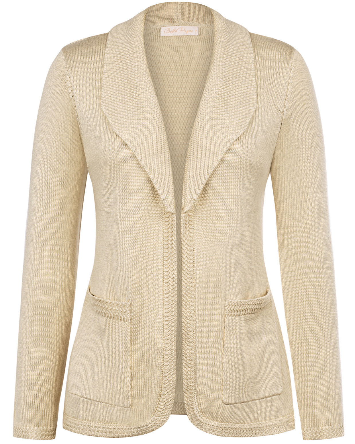 belle poque Vintage Cardigan Sweater Blazer V Neck Shawl Lapel Collar with Pockets Khaki
