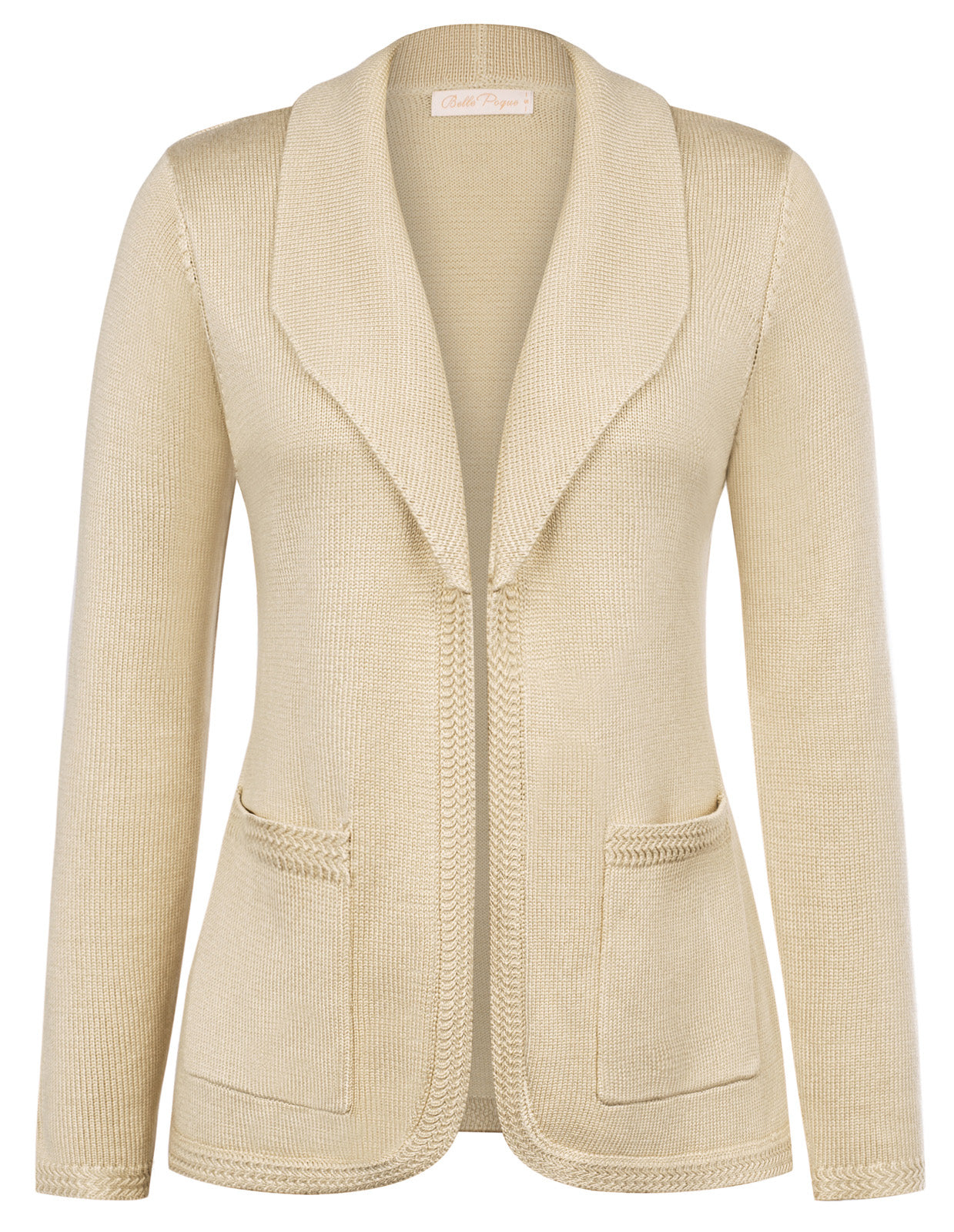 belle poque Vintage Cardigan Sweater Blazer V Neck Shawl Lapel Collar with Pockets Khaki