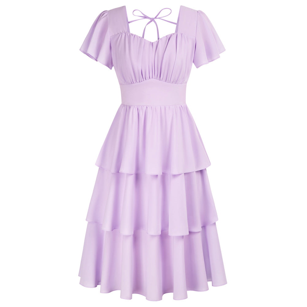 belle poque Vintage Dress 2026 Summer Layered Tiered Ruffle Swing Midi Dress Purple
