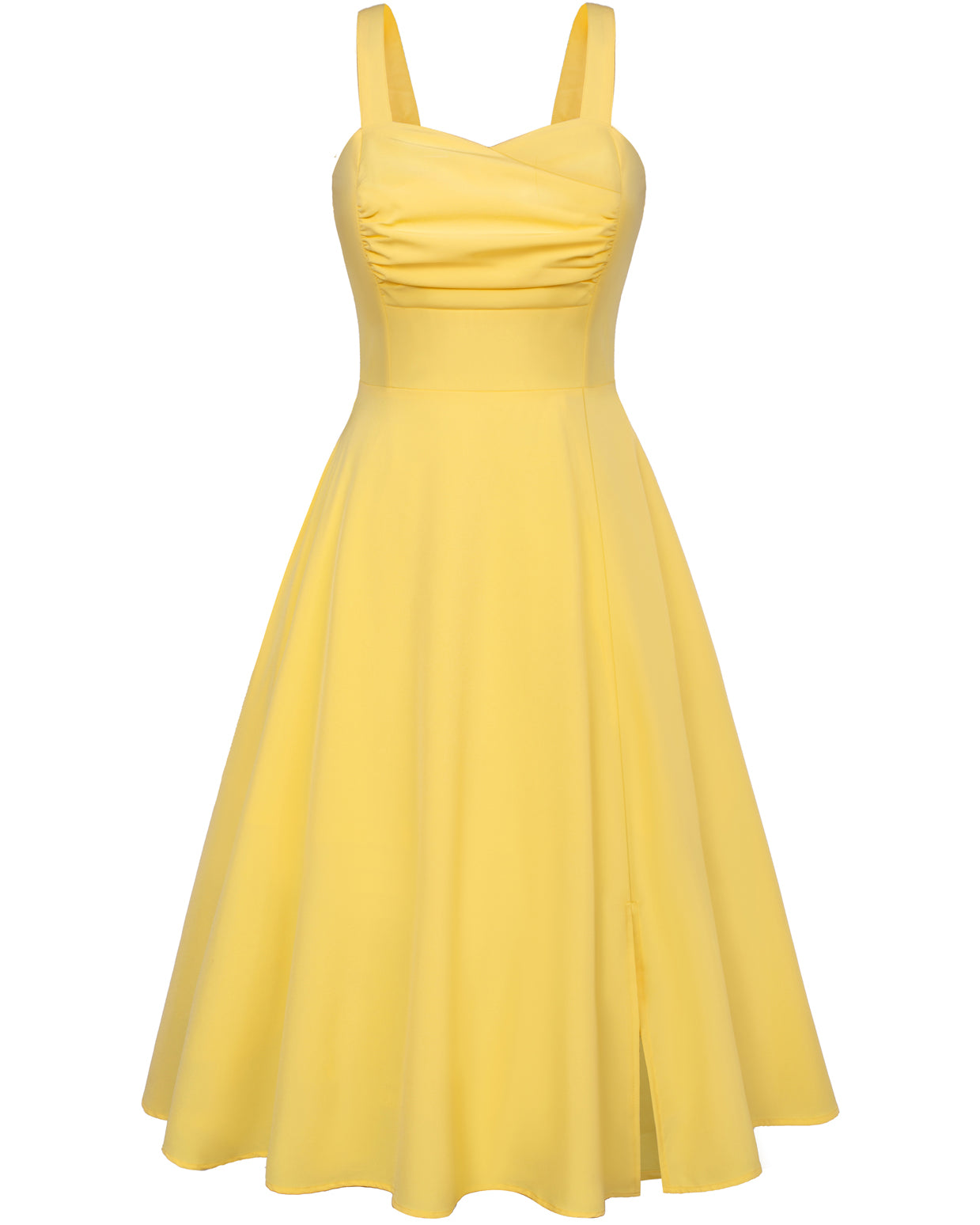 belle poque Vintage 1950s Cocktail Dress Ruched Slit A Line Swing Dress with Pockets Yellow