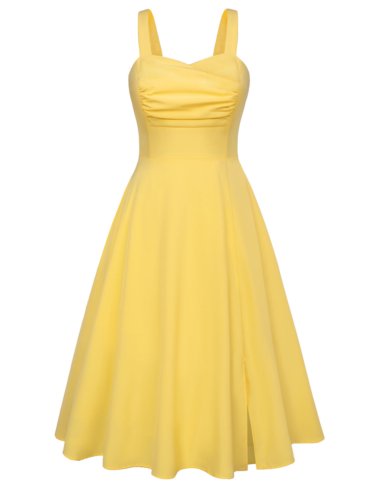 belle poque Vintage Strawberry Patterns Cocktail Dress Sleeveless Spaghetti Strap Ruched Slit A Line Swing Dress with Pockets Yellow