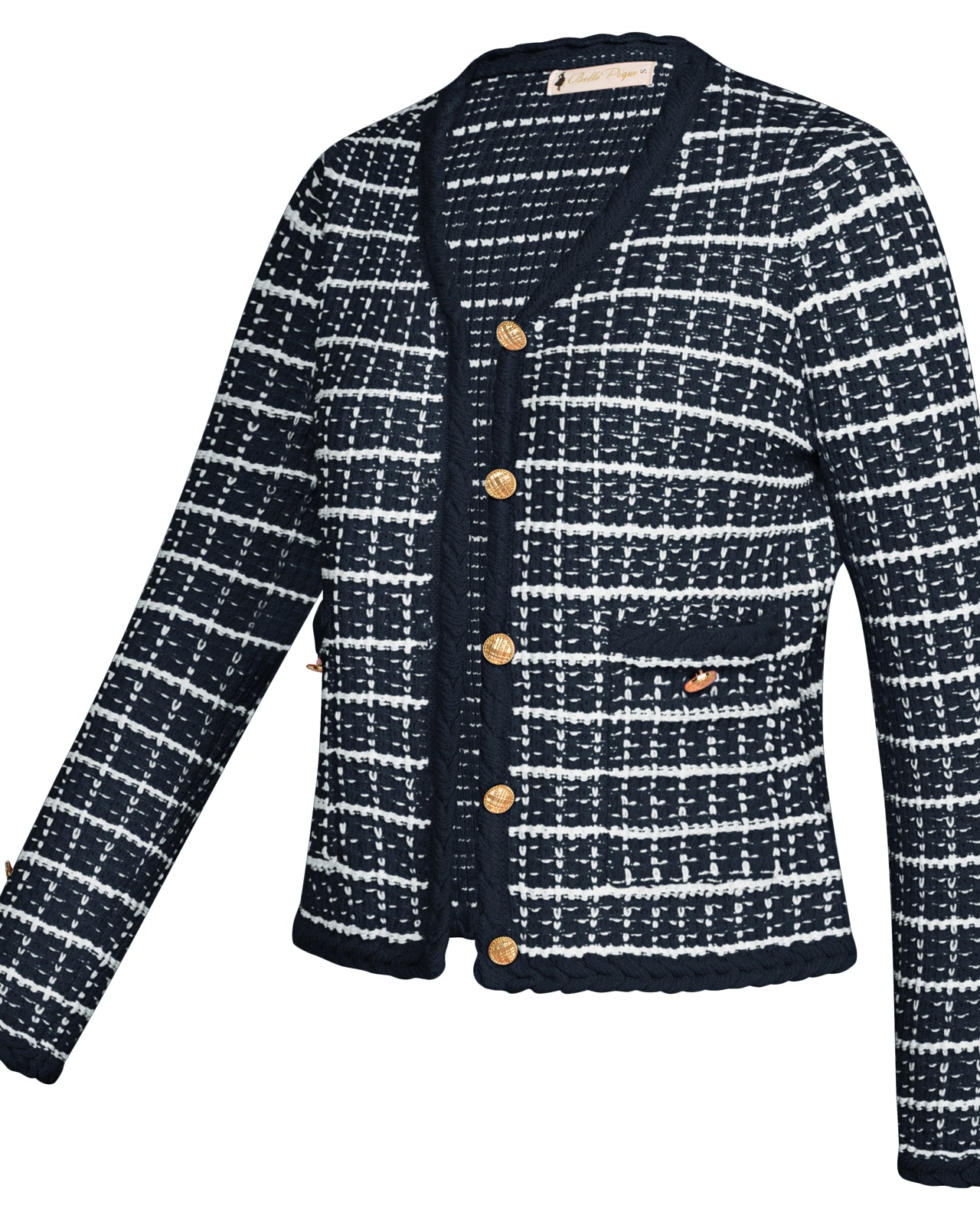 belle poque Contrast Color Cardigan Long Sleeve V-Neck Cable Knitted Sweater