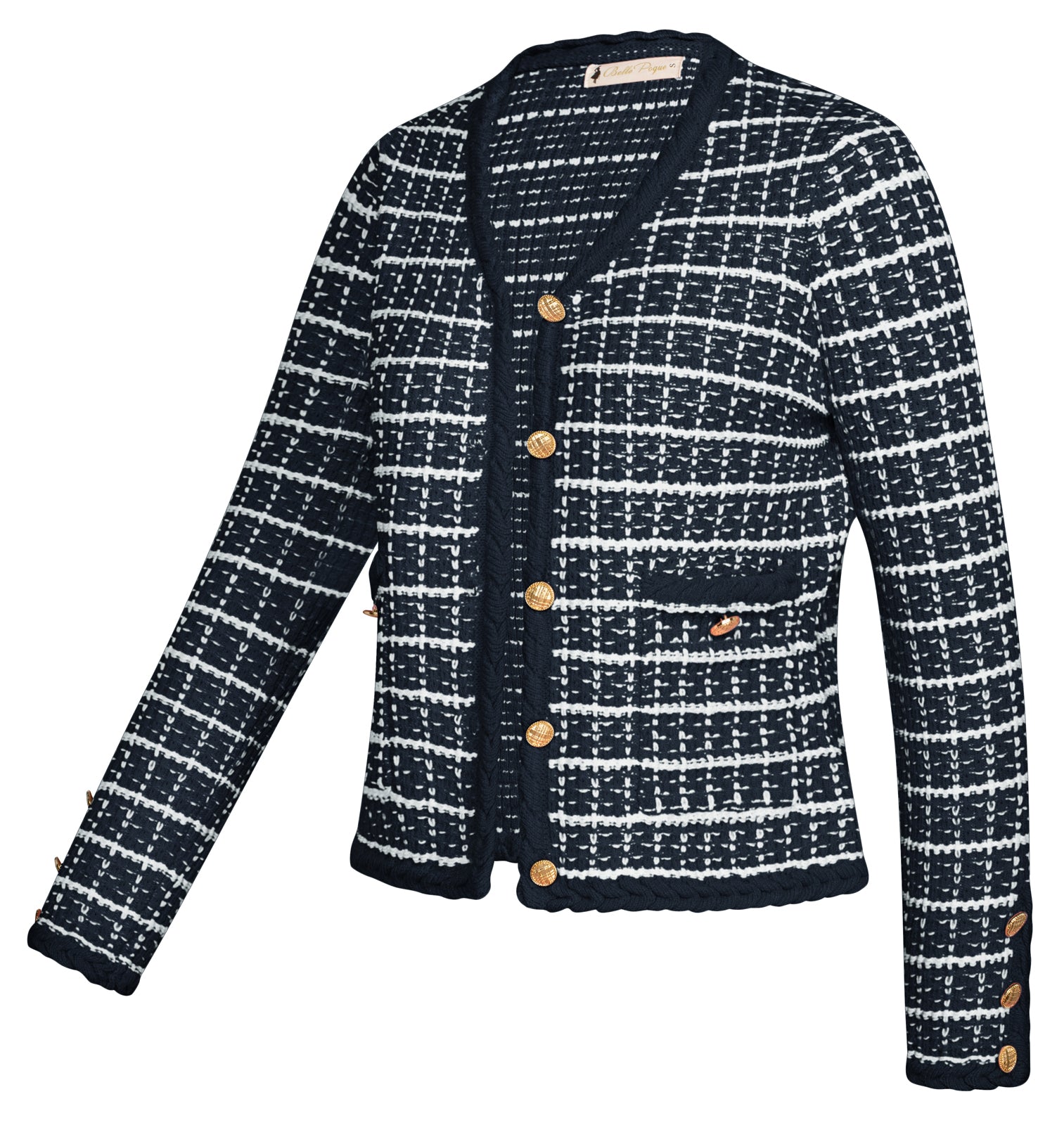 belle poque Contrast Color Cardigan Long Sleeve V-Neck Cable Knitted Sweater