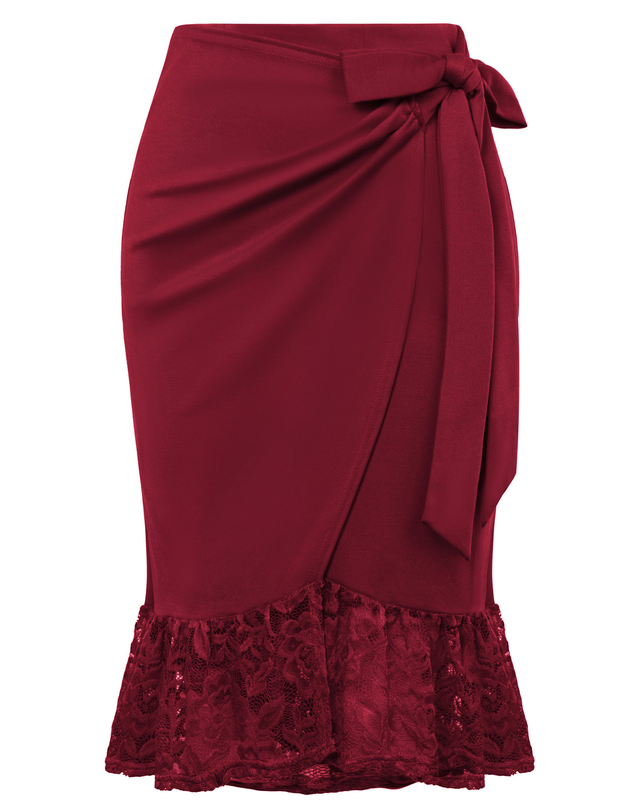belle poque Pencil Skirt for Women 1950s Vintage Lace Hem Bodycon Skirt with Bow Tie Wine