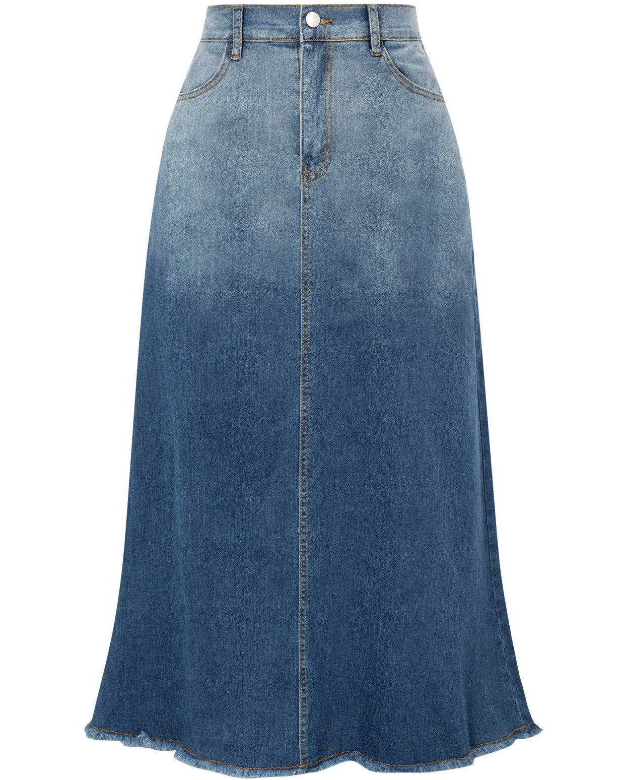 belle poque Multi-Pocket Jean Skirt Elastic High Waist Raw Hem Midi A-Line Skirt Blue