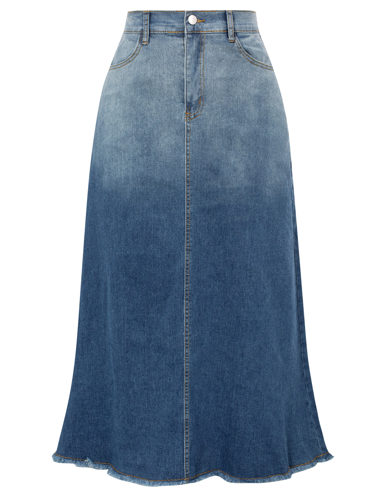 belle poque Multi-Pocket Jean Skirt Elastic High Waist Raw Hem Midi A-Line Skirt Blue