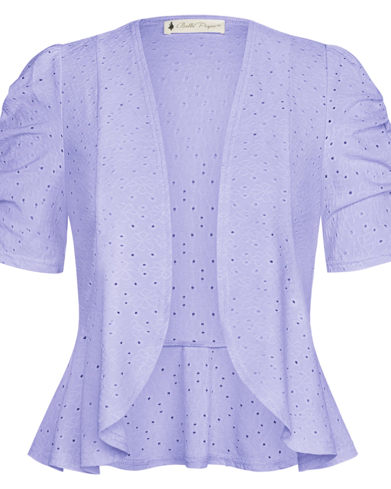 belle poque Women Vintage Hollowed-out Shrug Ruched Short Sleeve Open Front Tops Purple