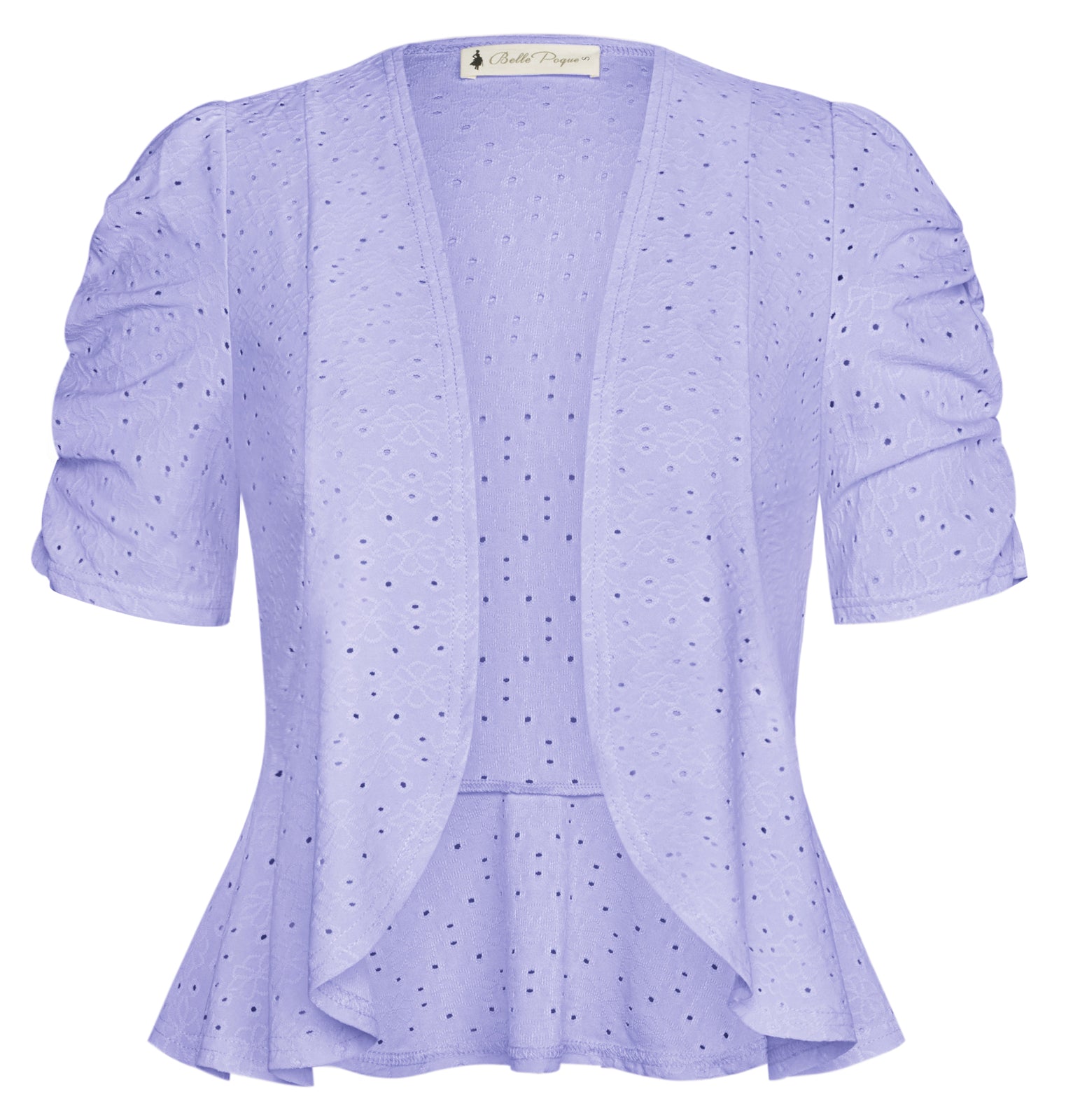 belle poque Women Vintage Hollowed-out Shrug Ruched Short Sleeve Open Front Tops Purple