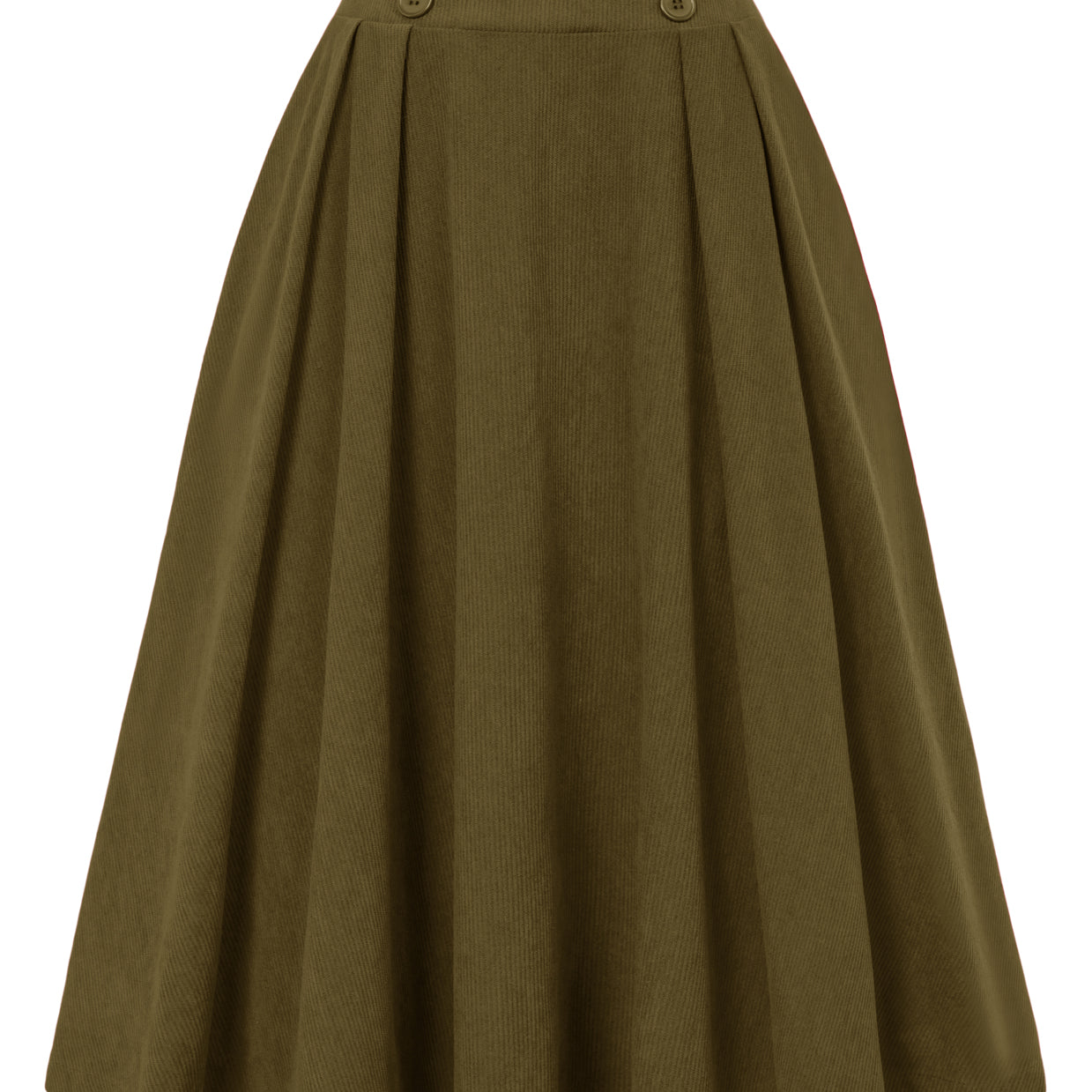 belle poque Vintage Corduroy Skirt Elastic High Waist Buttons Decorated Swing Skirt with Pockets Army Green