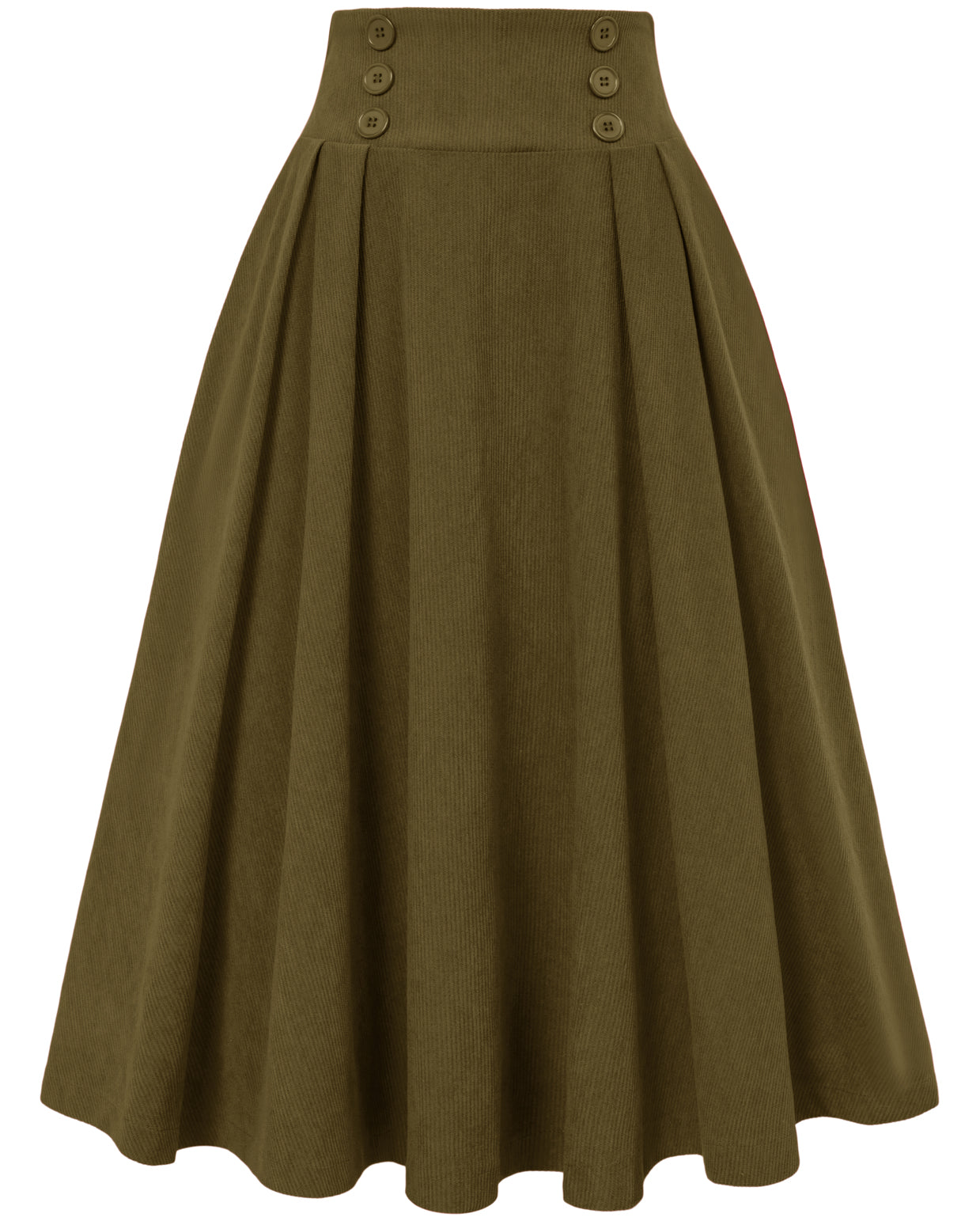 belle poque Vintage Corduroy Skirt Elastic High Waist Buttons Decorated Swing Skirt with Pockets Army Green