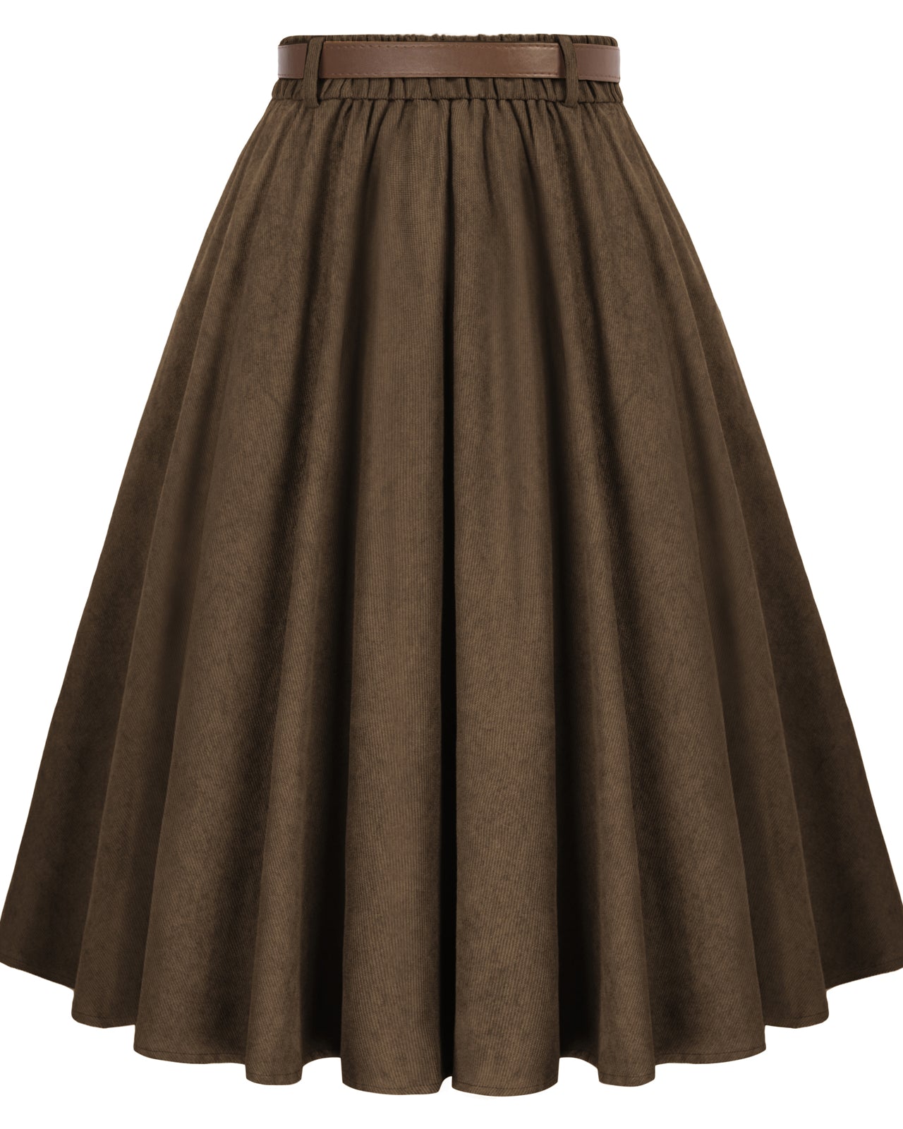 belle poque Corduroy Skirt with Belt Elastic High Waist Mid-Calf Swing Skirt