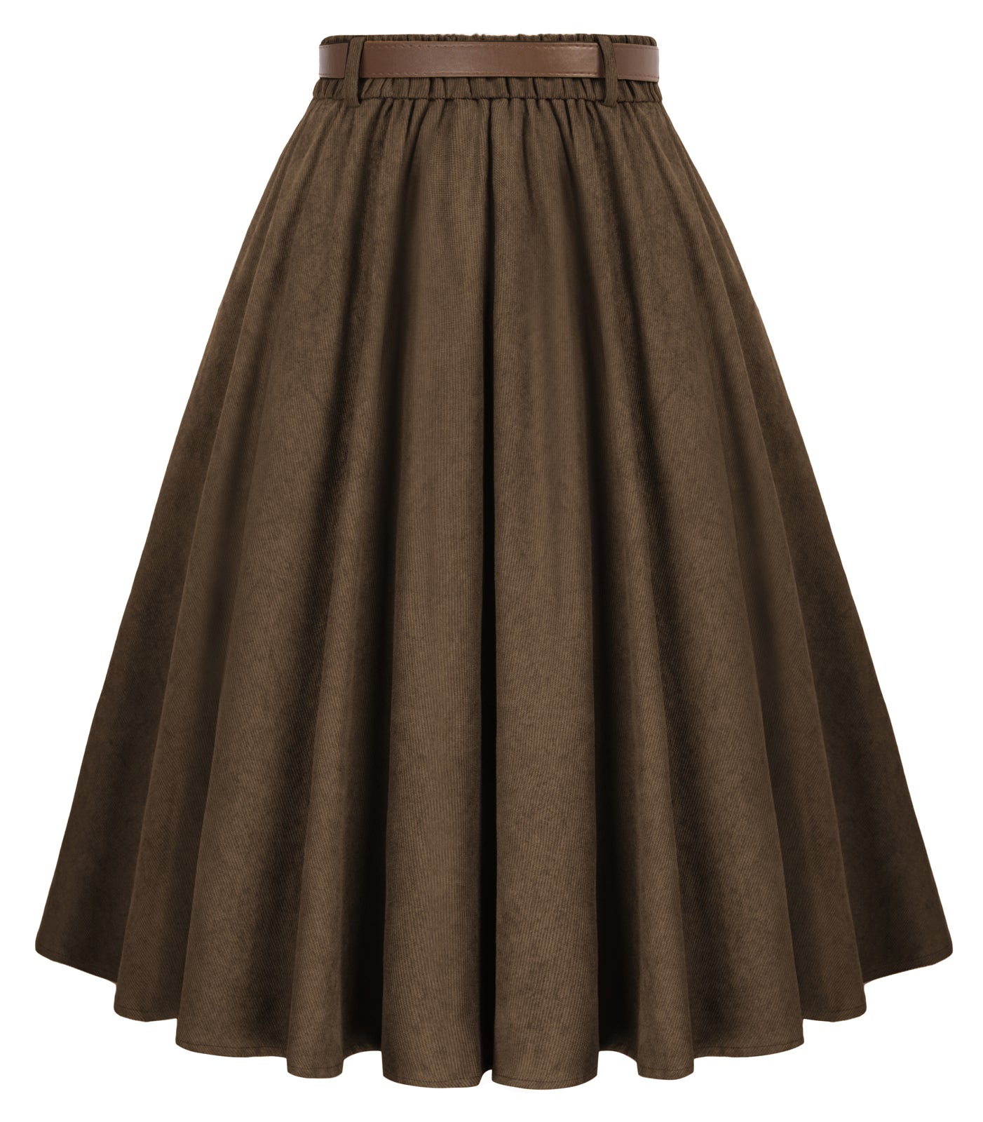 belle poque Corduroy Skirt with Belt Elastic High Waist Mid-Calf Swing Skirt