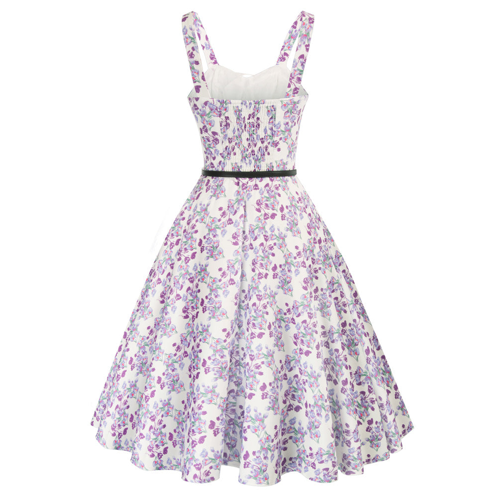 belle poque Fruit Printed Sweetheart Neck Flared 1950s Sleeveless A-Line Dress with Belt
