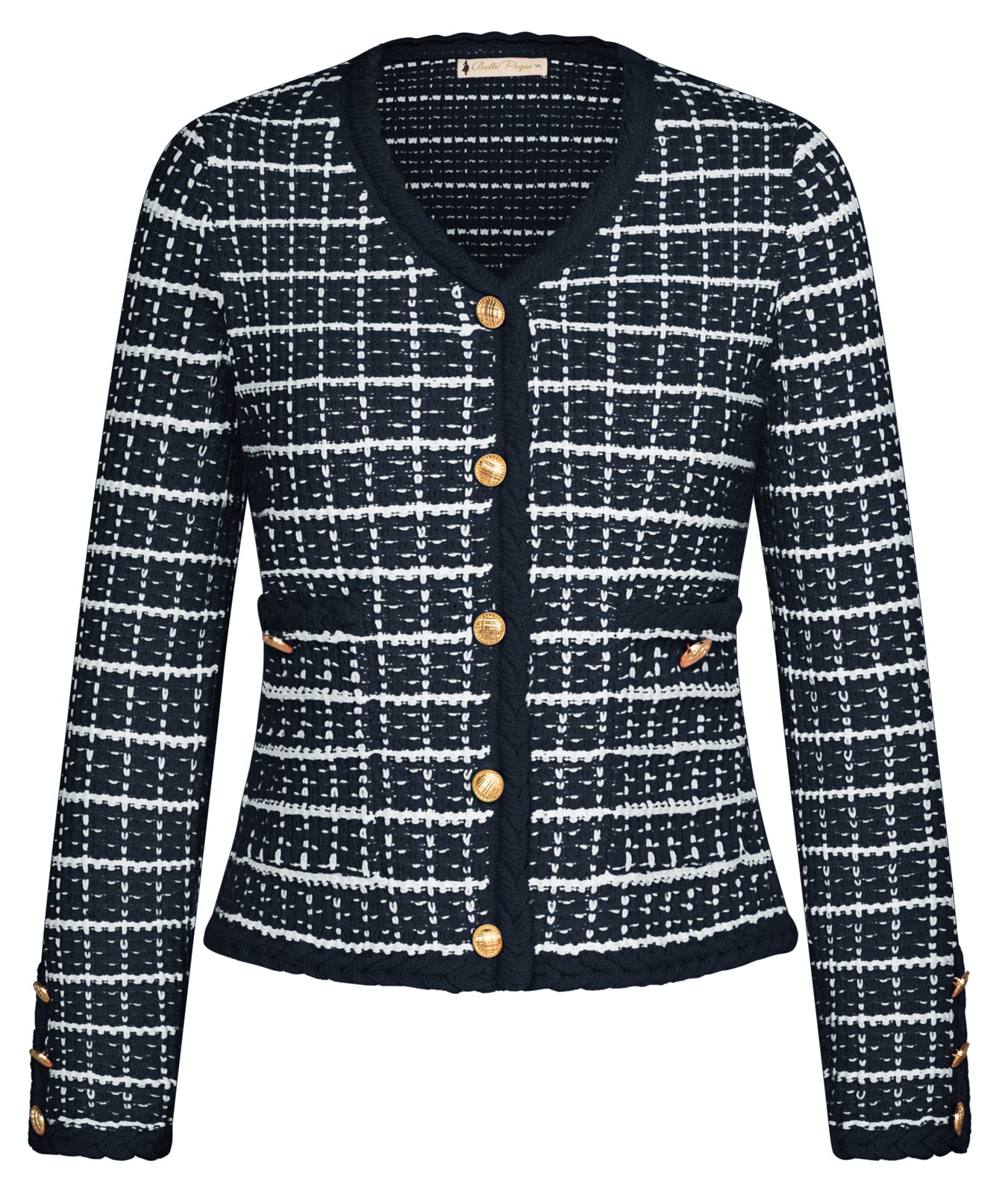 belle poque Contrast Color Cardigan Long Sleeve V-Neck Cable Knitted Sweater Navy blue