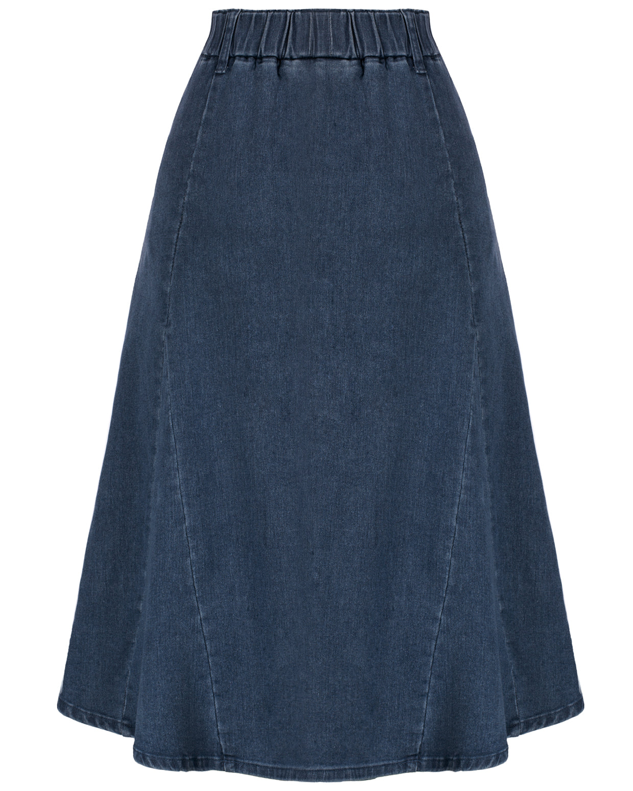 belle poque Denim Skirts Knee Length Vintage Elastic High Waist A-Line Midi Jean Skirts with Pockets