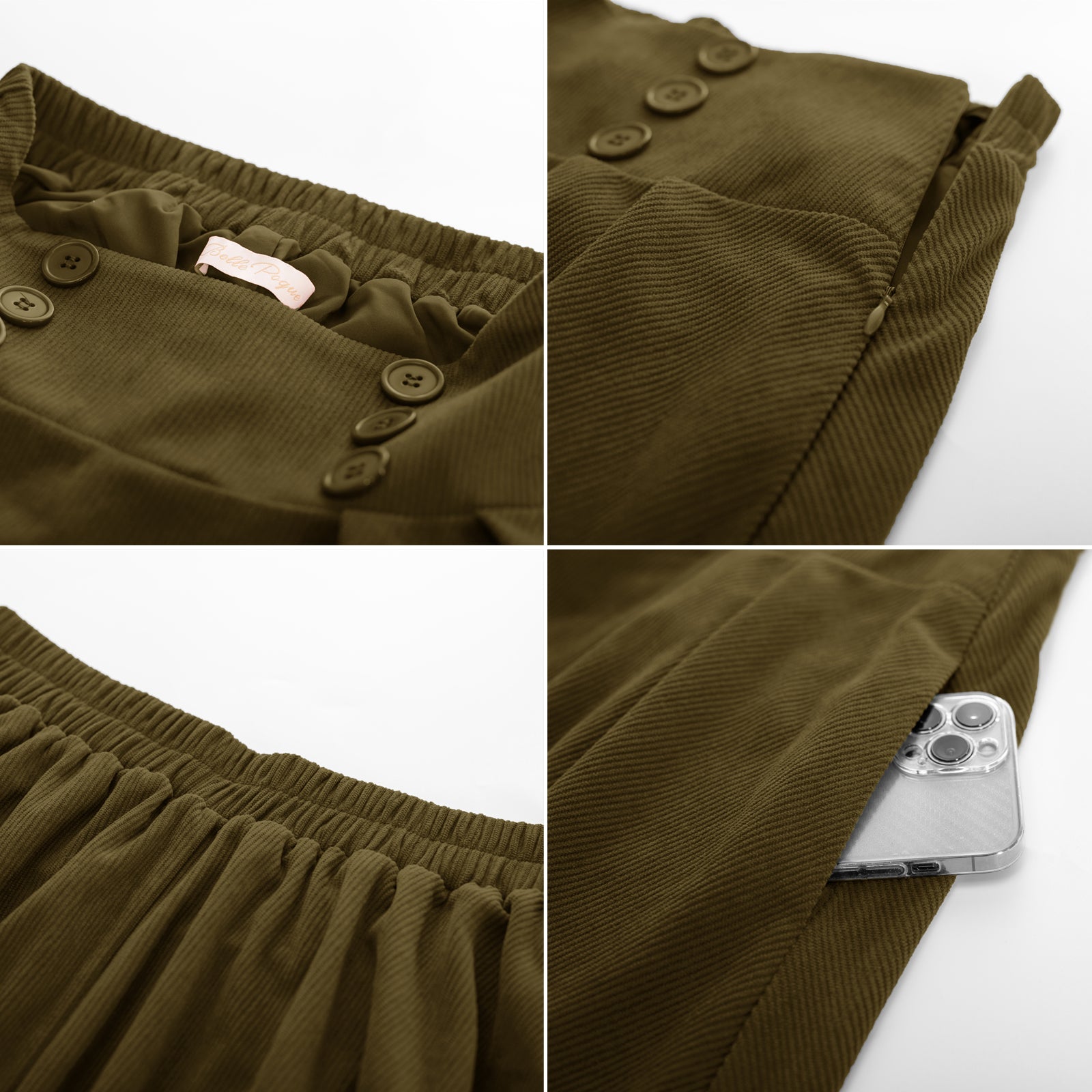 belle poque Vintage Corduroy Skirt Elastic High Waist Buttons Decorated Swing Skirt with Pockets