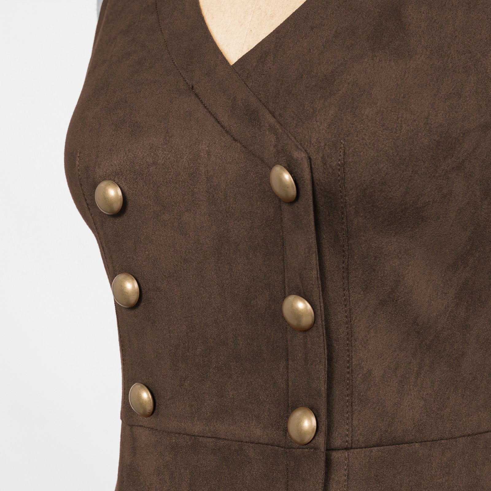 belle poque Vintage Faux Suede Dress Sleeveless V-Neck Elastic Waist A-Line Dress