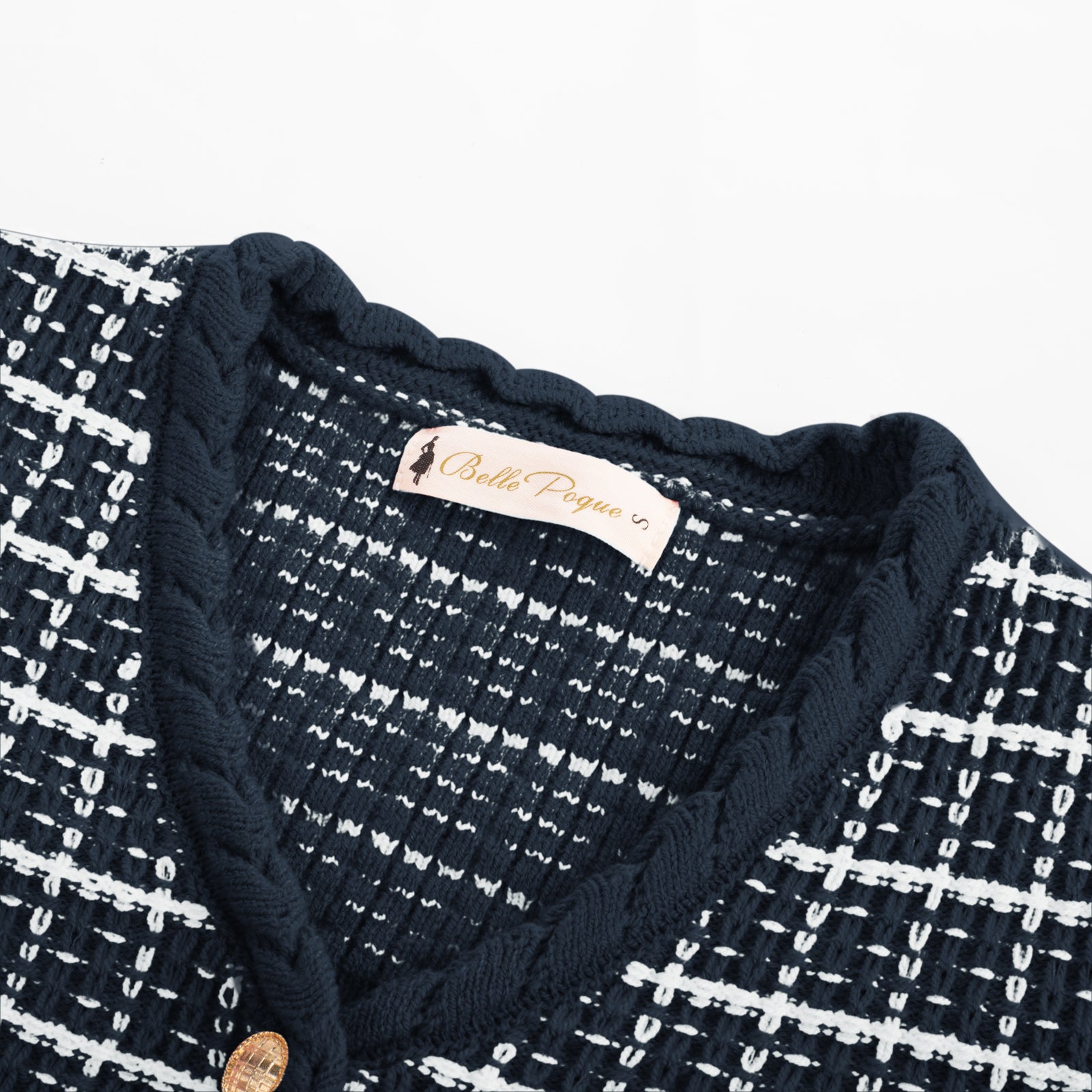 belle poque Contrast Color Cardigan Long Sleeve V-Neck Cable Knitted Sweater