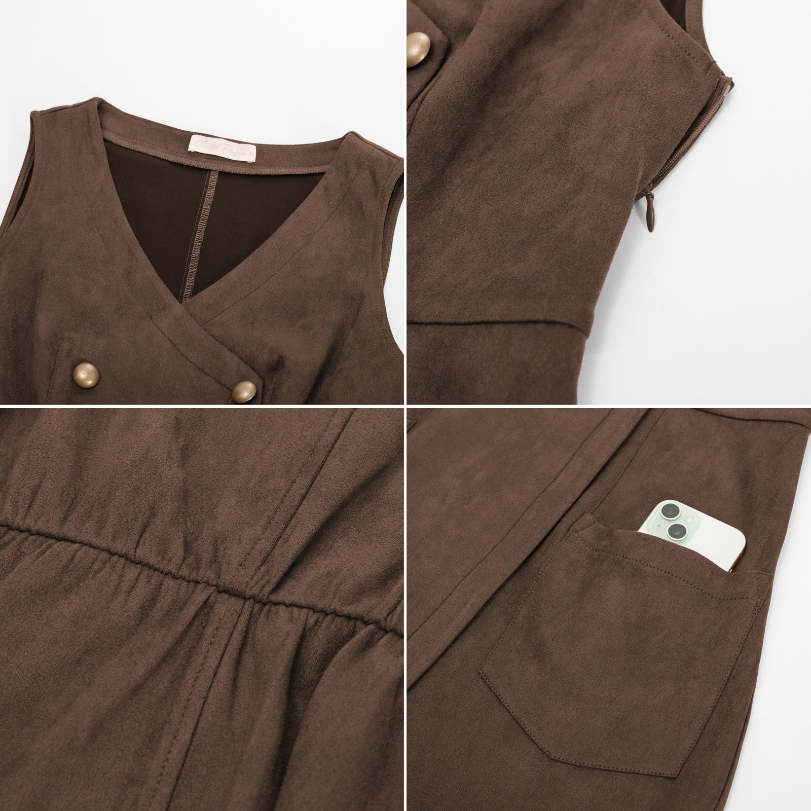 belle poque Vintage Faux Suede Dress Sleeveless V-Neck Elastic Waist A-Line Dress