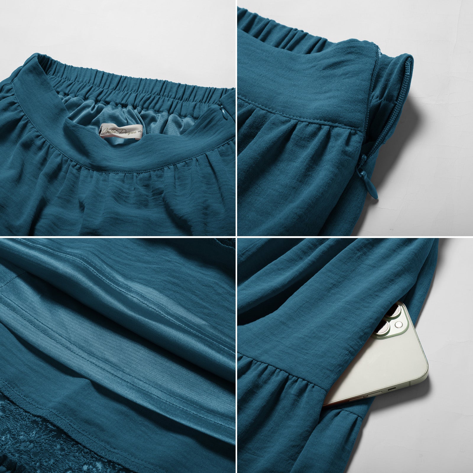 belle poque Women Vintage Tiered Swing Skirt Elastic Waist Ruffled Hem Mid-Calf Skirt