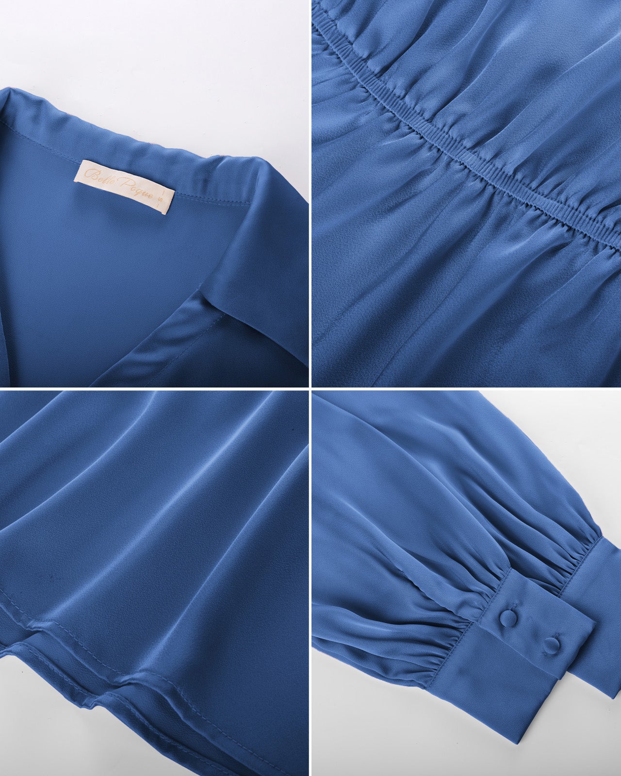 belle poque Vintage Elastic Waist Blouse Long Sleeve Lapel V-Neck Pullover Tops