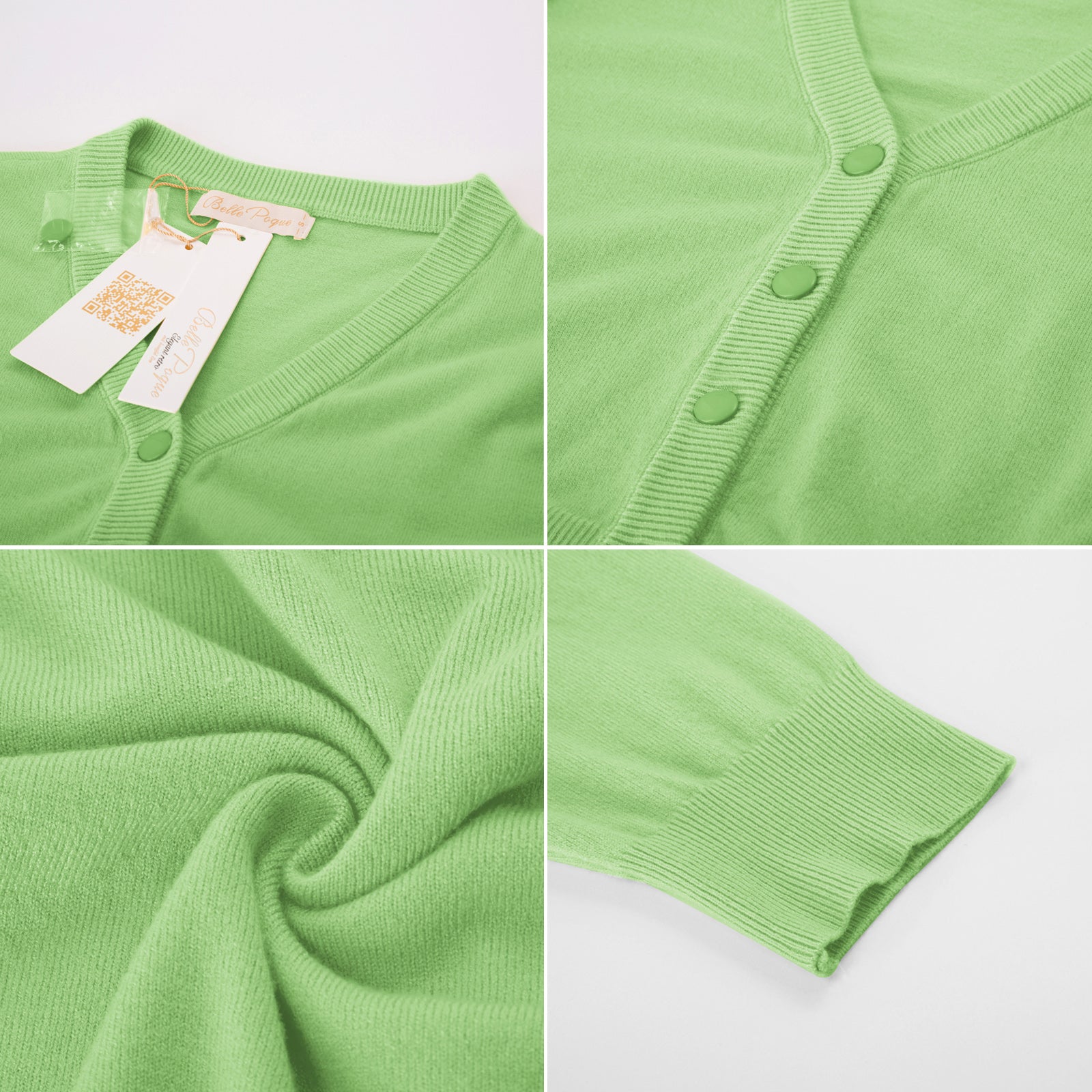 belle poque Cropped Cardigan 3/4 Sleeve V-Neck Button-up Sweater Knitwear