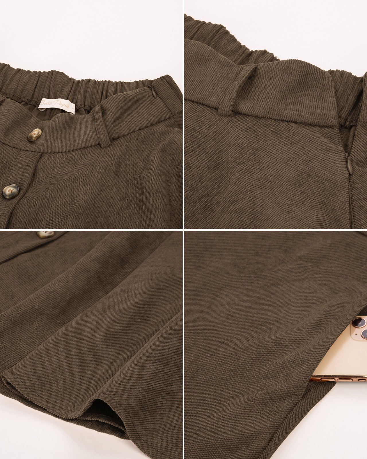 belle poque Corduroy Skirt with Belt Elastic High Waist Mid-Calf Swing Skirt