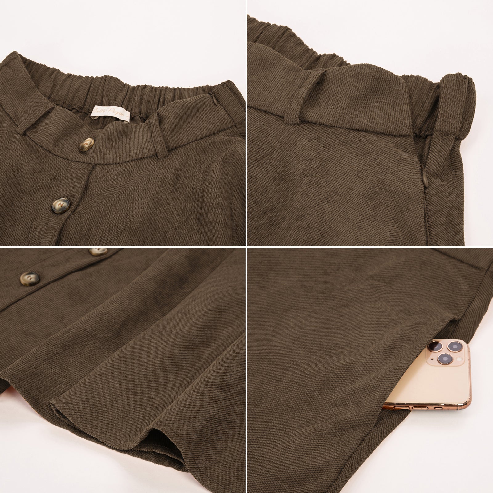 belle poque Corduroy Skirt with Belt Elastic High Waist Mid-Calf Swing Skirt