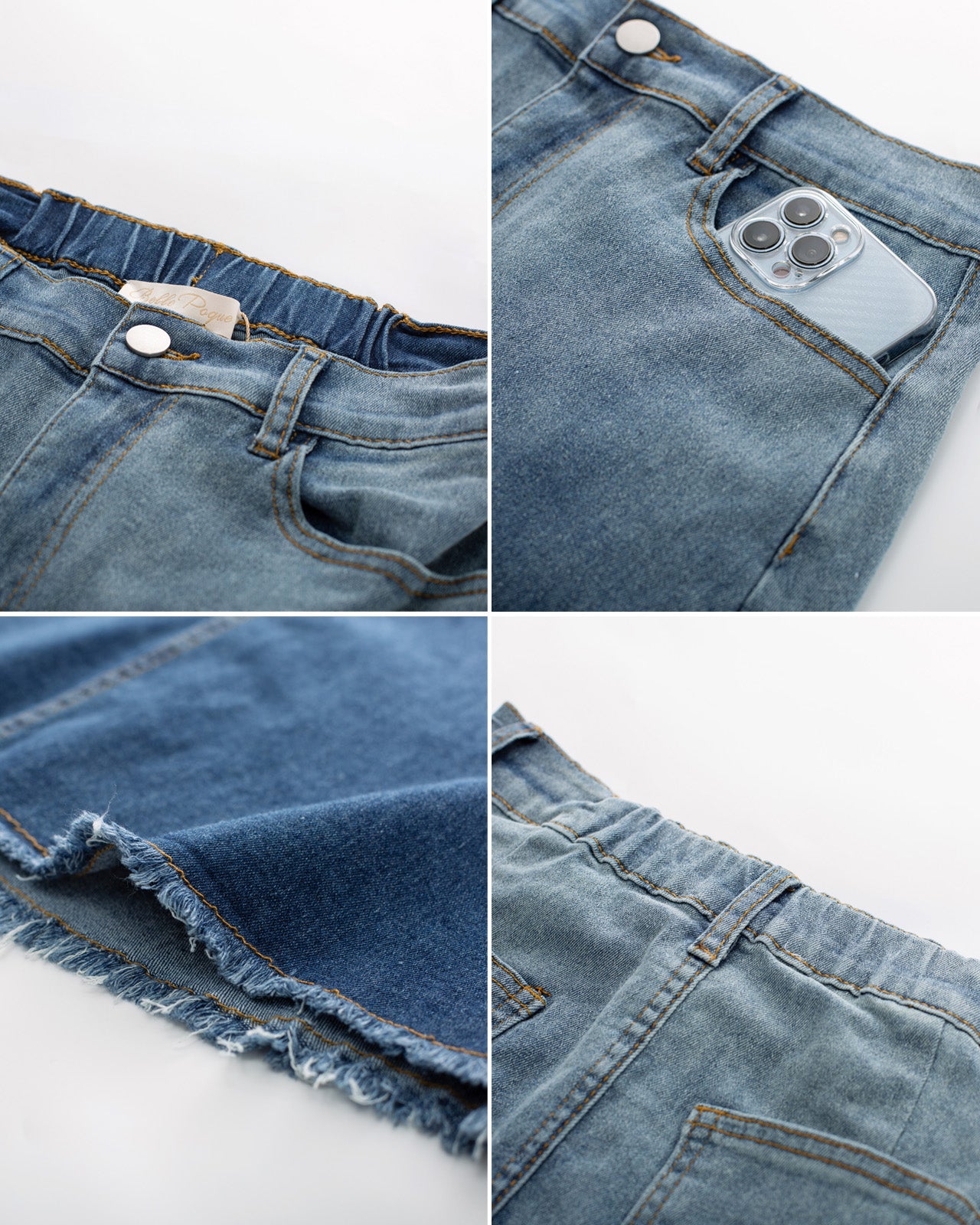 belle poque Multi-Pocket Jean Skirt Elastic High Waist Raw Hem Midi A-Line Skirt