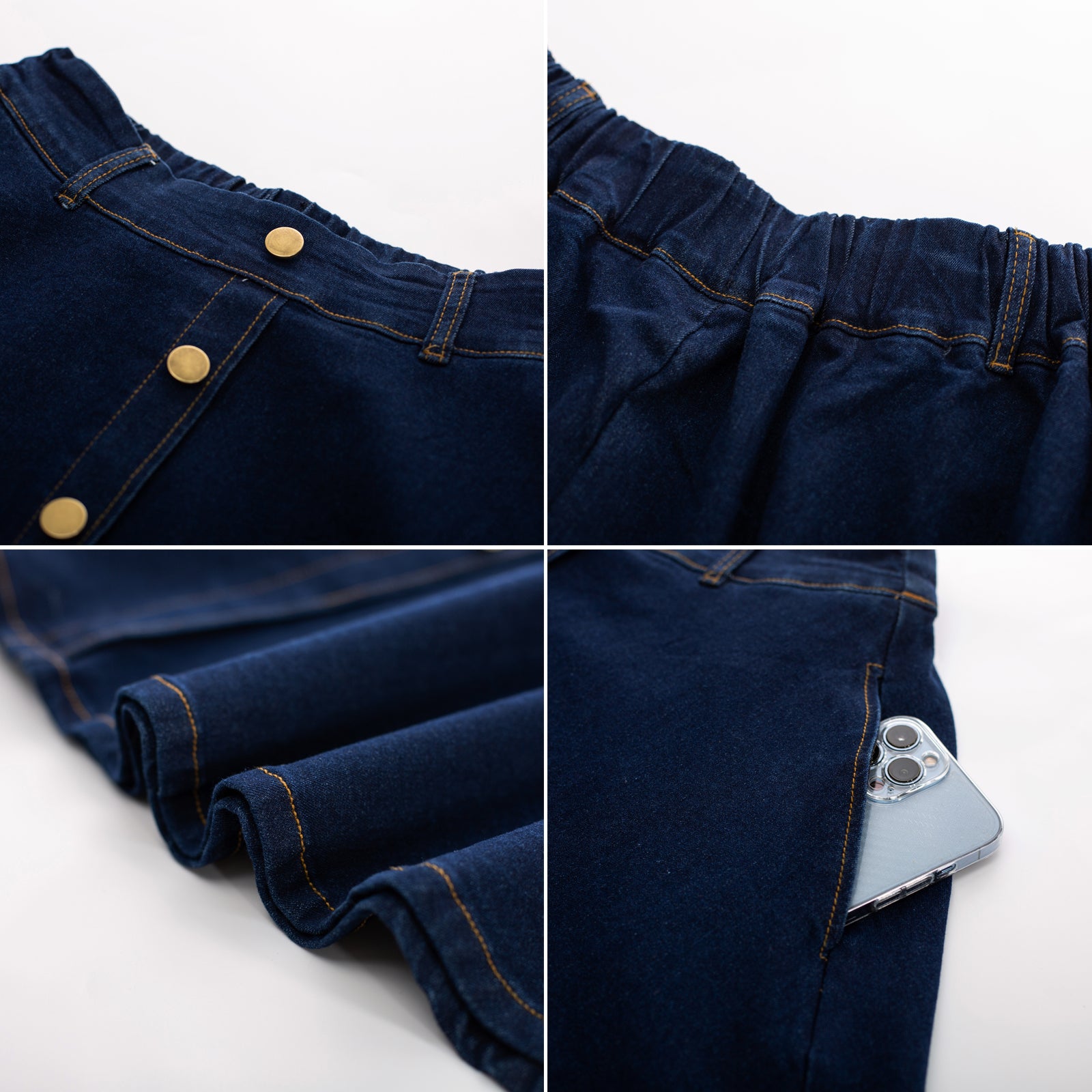 belle poque Jean Skirt with Belt Elastic High Waist A-Line Midi Skirt