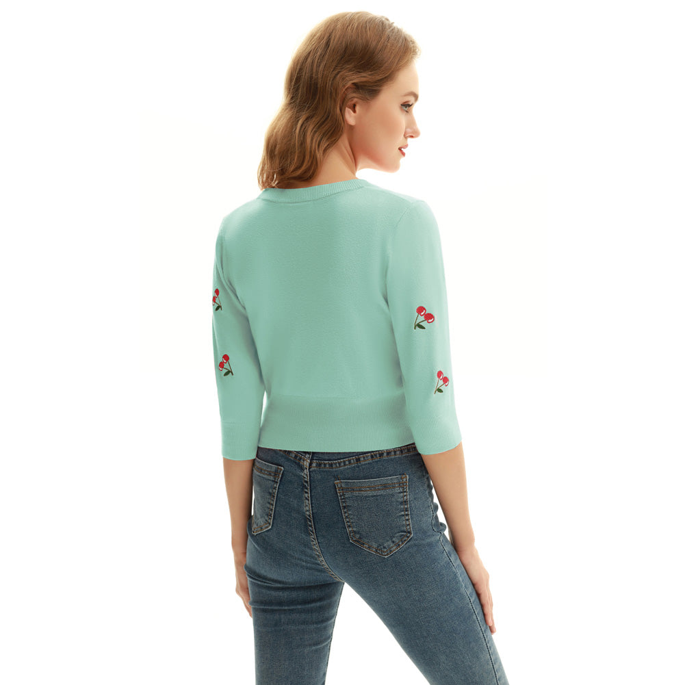 belle poque Women's 3/4 Sleeve Button Down Cherries Embroidery Cropped Cardigan Sweater Coat