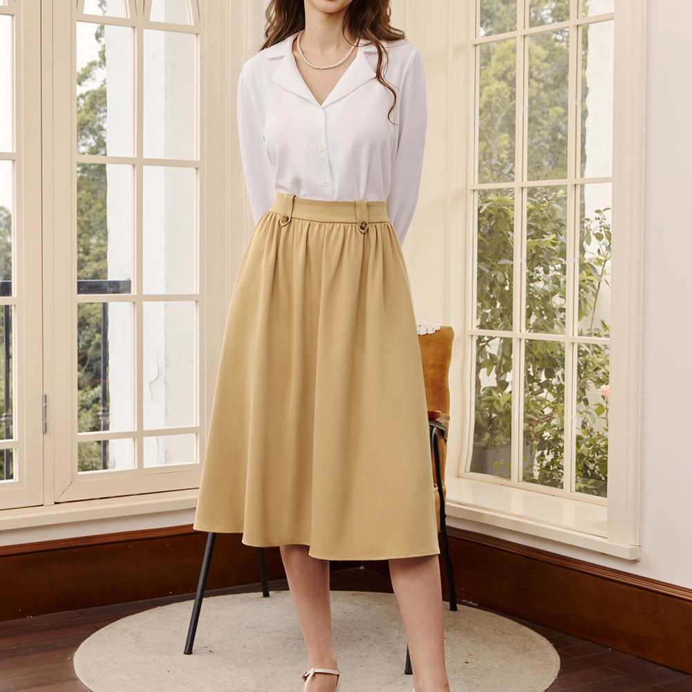 belle poque Women Vintage Swing Skirt Elastic Waist Mid-Calf Length A-Line Skirt