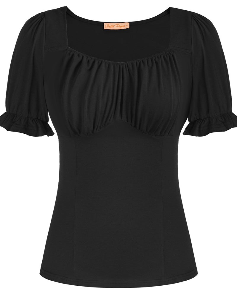 belle poque Solid Color Cotton Tops Slim Fit Puffed Short Sleeve Ruched Tops Black