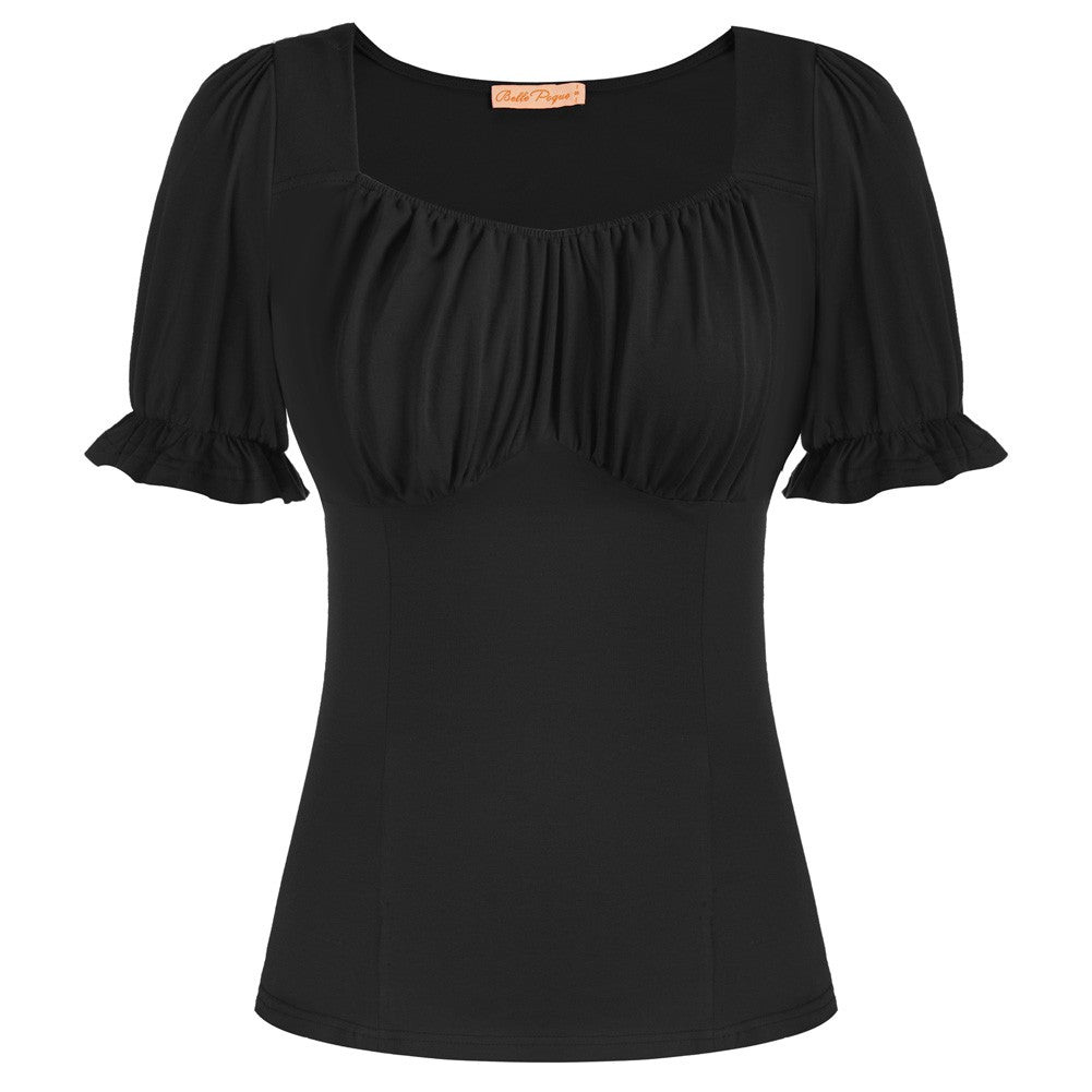 belle poque Solid Color Cotton Tops Slim Fit Puffed Short Sleeve Ruched Tops Black
