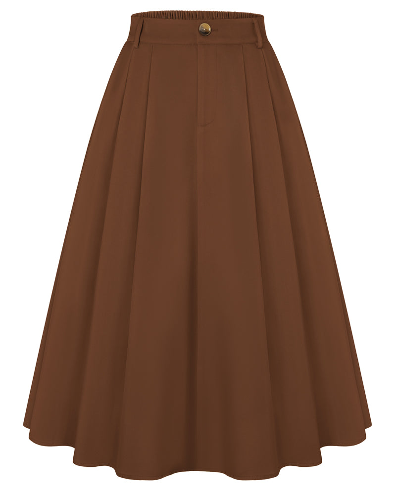 belle poque Women Vintage Swing Skirt Mid-Calf Length A-Line Skirt Brown