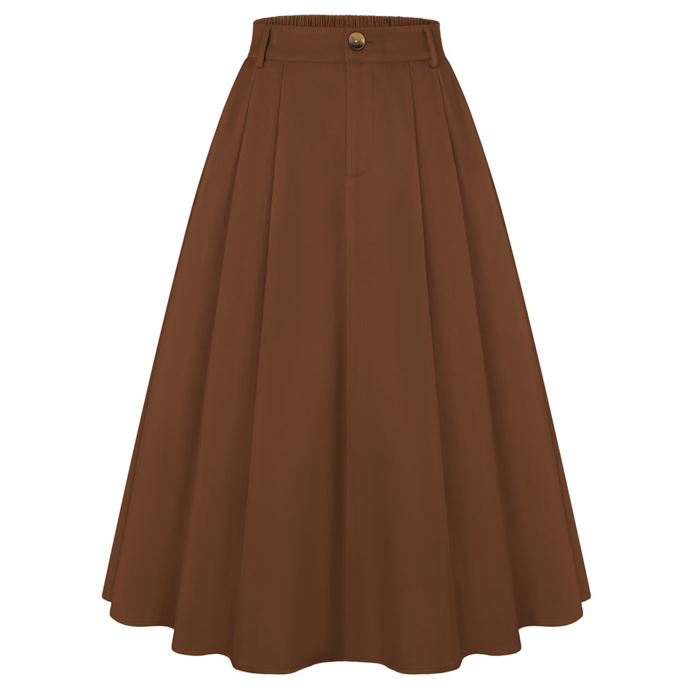 belle poque Women Vintage Swing Skirt Mid-Calf Length A-Line Skirt Brown