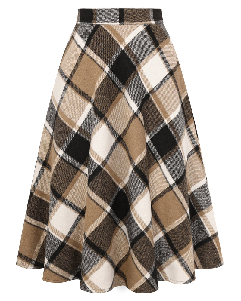 belle poque Women Vintage Plaided Swing Skirt Elastic Waist Mid-Calf Length A-Line Skirt Light Brown