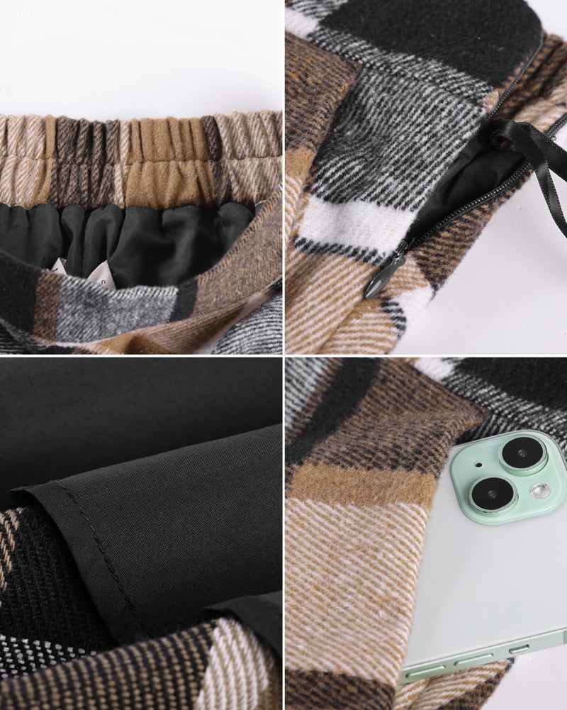 belle poque Women Vintage Plaided Swing Skirt Elastic Waist Mid-Calf Length A-Line Skirt