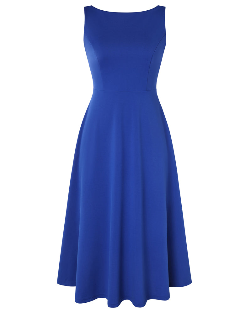 belle poque 1980s Vintage Women's Cocktail Dress Elegant A Line Midi Dresses with Pockets Blue