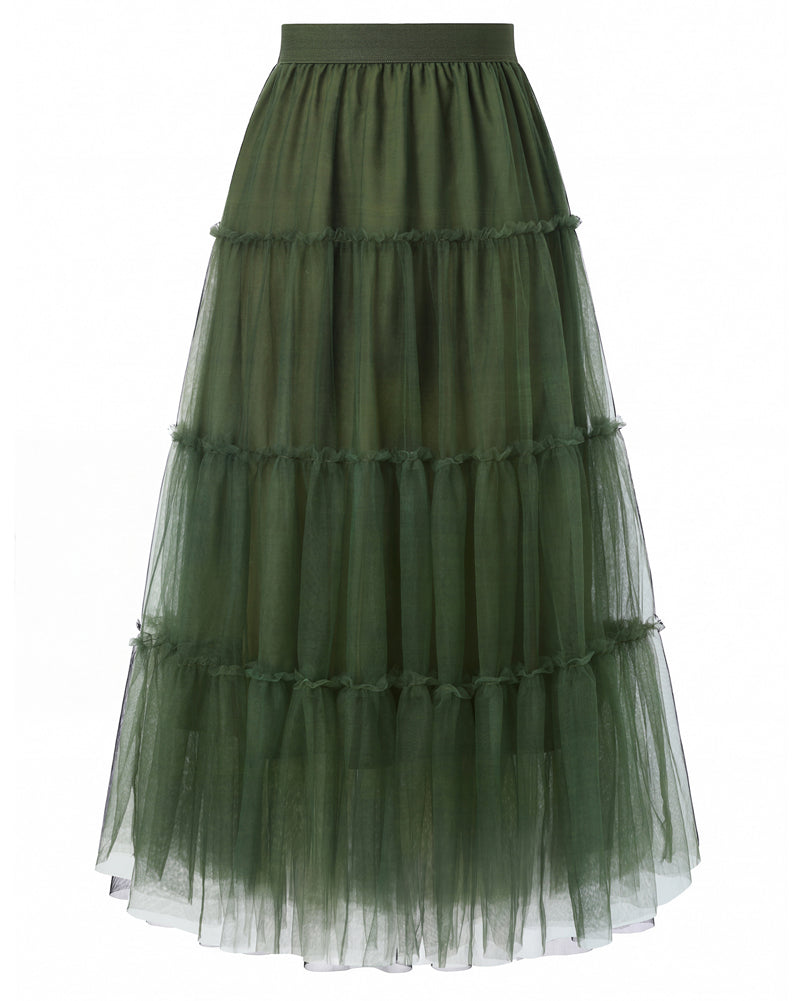 belle poque 1960s Vintage Tulle Skirts for Women A-line Flowy Ruffle Skirt for Date Party Green