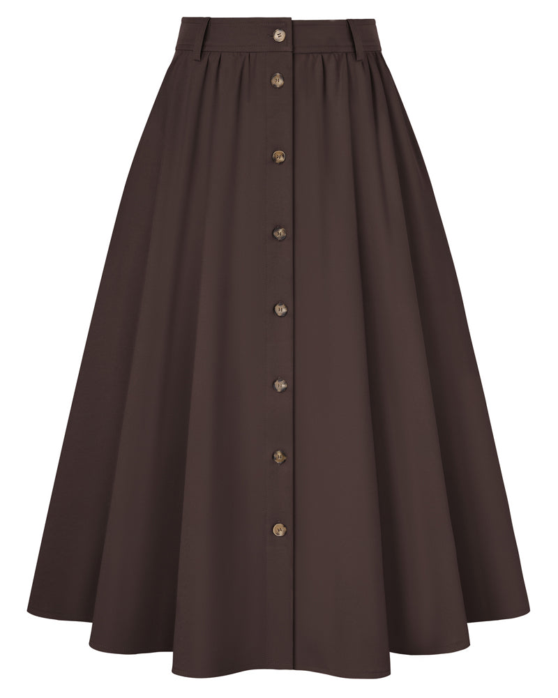 belle poque 1950s Women's Midi Skirt with Pockets Vintage Buttoned Front A-Line Skirt Brown
