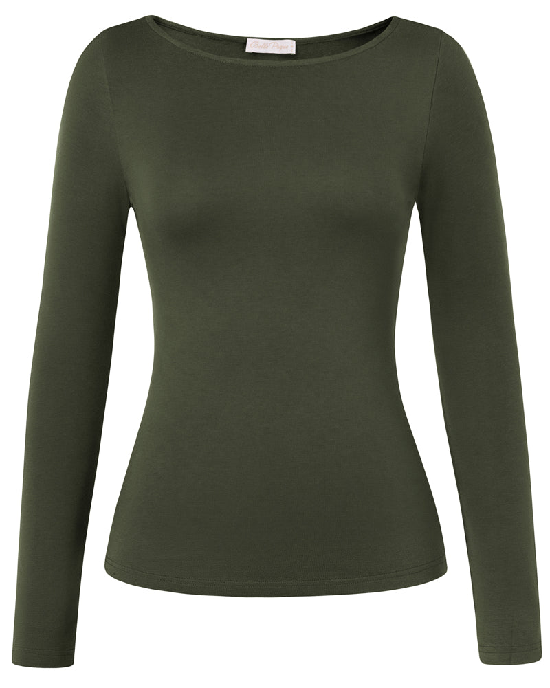 belle poque Women's Wool Long Sleeve Boat Neck Tops Fitted Basic Tees Wool Base Layer Women Olive Green