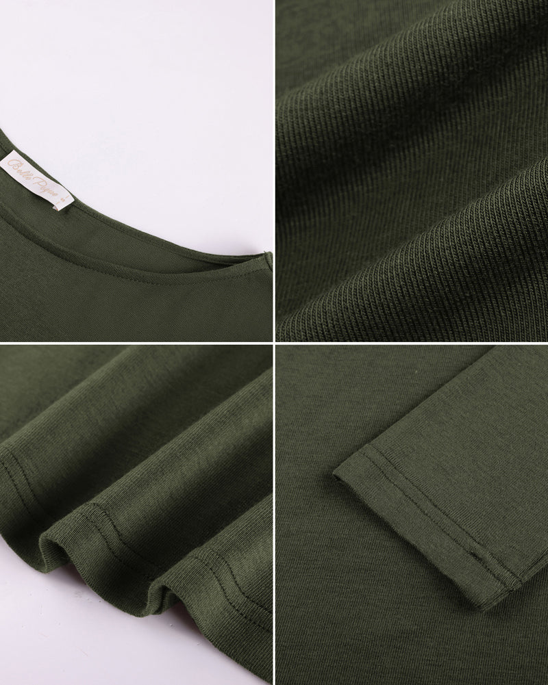 belle poque Women's Wool Long Sleeve Boat Neck Tops Fitted Basic Tees Wool Base Layer Women