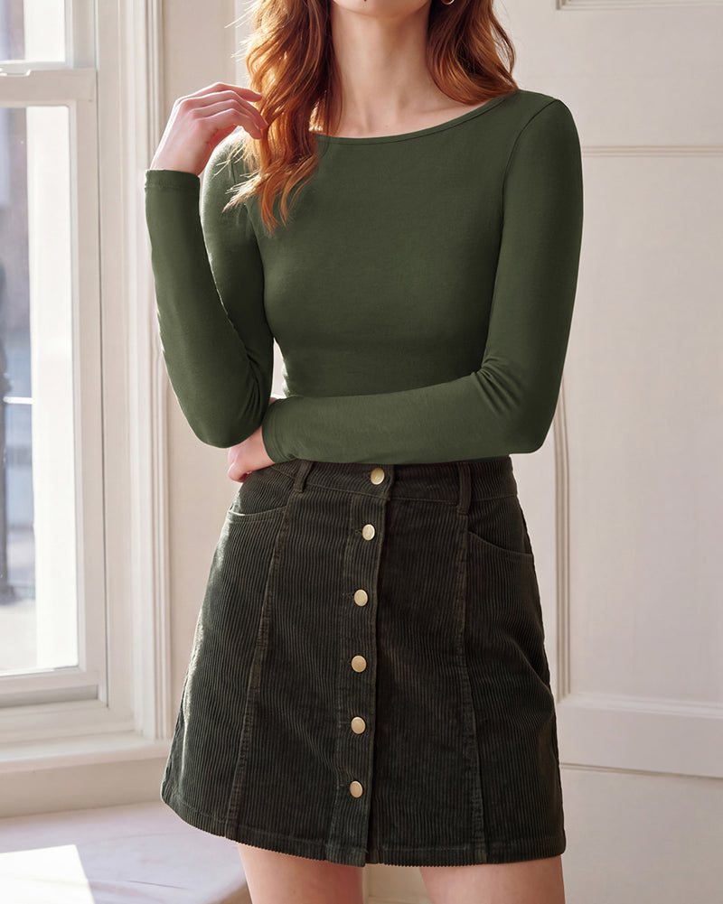 belle poque Women's Wool Long Sleeve Boat Neck Tops Fitted Basic Tees Wool Base Layer Women