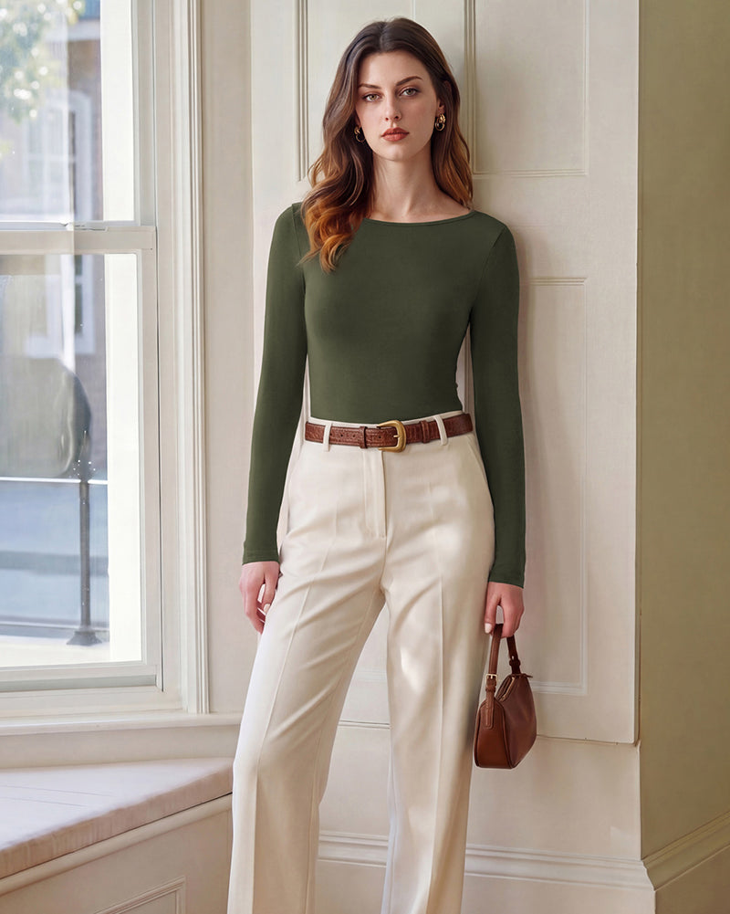 belle poque Women's Wool Long Sleeve Boat Neck Tops Fitted Basic Tees Wool Base Layer Women
