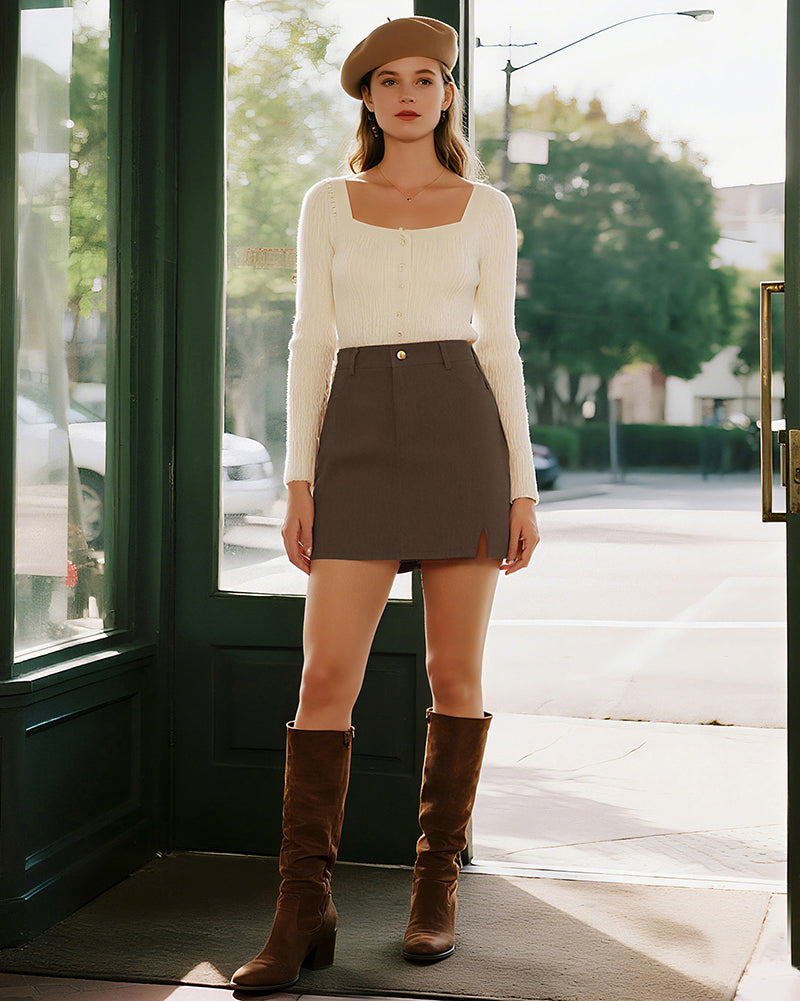 belle poque Women Vintage Corduroy Mini Skirt Elastic Waist Front Slit A-Line Skirt