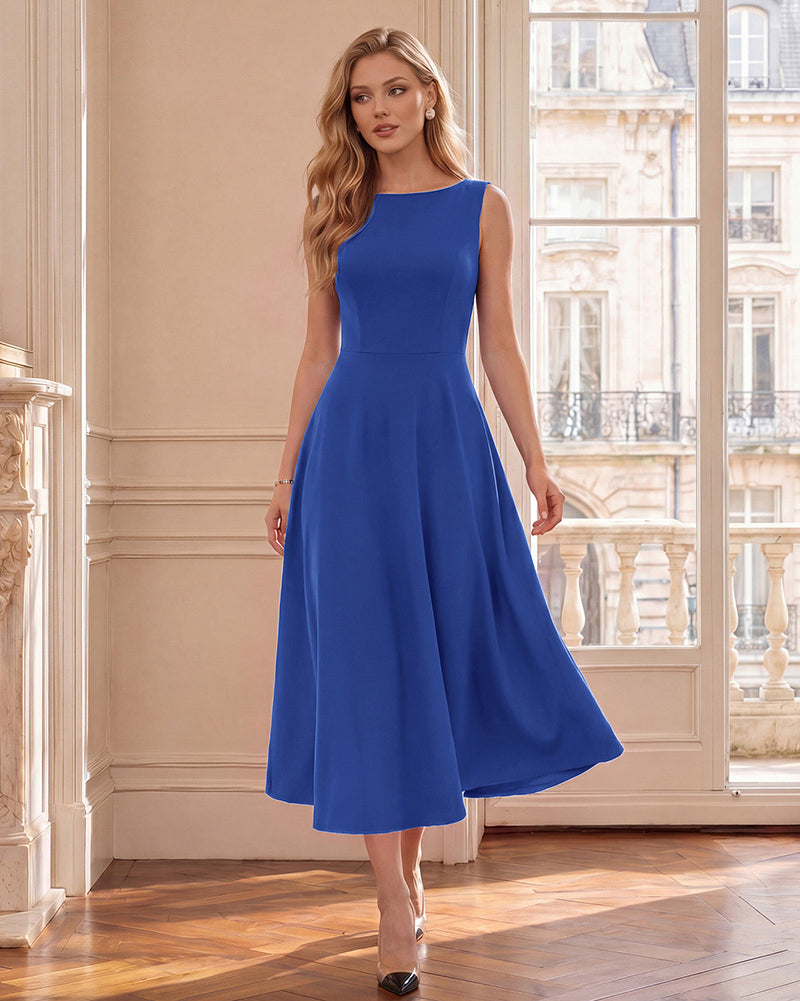 belle poque 1980s Vintage Women's Cocktail Dress Elegant A Line Midi Dresses with Pockets